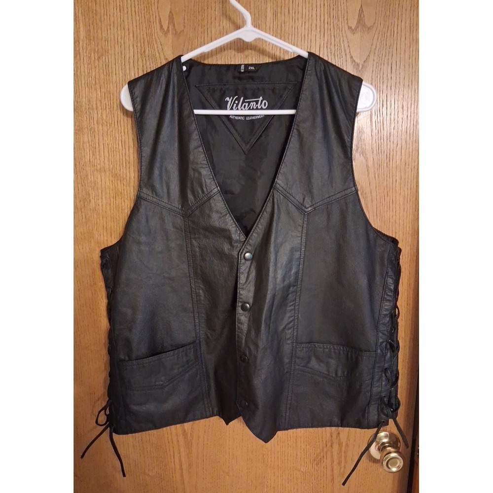 VILANTO Leatherwear Biker Motorcycle Vest SIZE 2XL Black Braided Adjustable Side
